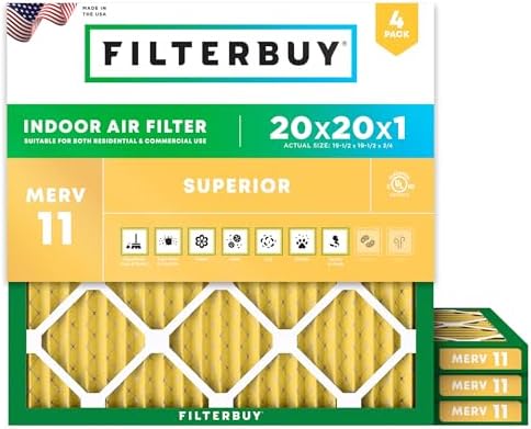 Filterbuy 20x20x1 Air Filter MERV 11 Allergen Defense (4-Pack), Pleated HVAC AC Furnace Air Filters Replacement (Actual Size: 19.50 x 19.50 x 0.75 Inches)