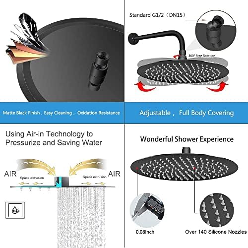 NearMoon Rain Shower Head, Ultra-Thin Design-Pressure Boosting, Awesome Some Experience, High Flow Stainless Steel Rainfall Head (12 Inch, Matte Black)