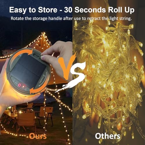 Solar Camping String Lights, 39.4FT Portable Waterproof Camping Light with 8 Lighting Modes, Solar Powered and USB Rechargeable Tent Lantern with Remote Control for Camping, Yard, Garden and Hiking