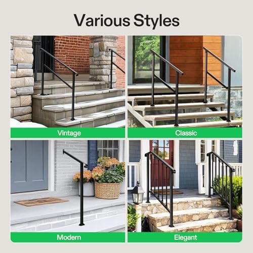 VIVOSUN Outdoor Handrail, 6-7 Step Stair Handrail, 83" x 36" Fits 1 to 7 Steps, Wrought Mattle Iron Handrail for Concrete Steps, Porch Steps, Black, HR-0004