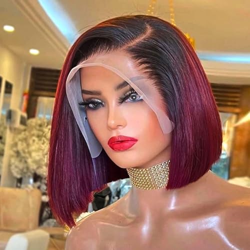 HIRIREMY Ombre 99J Burgundy Lace Front Bob Wigs Human Hair 13x4 HD Lace Frontal Wigs Glueless Short Straight Bob Wigs for Black Women Human Hair Pre Plucked Natural Hairline 1B/99J 12 Inch