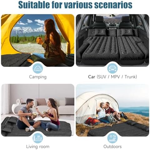 Inflatable SUV Air Mattress: Double-Sided Flocking Car Mattresses for Back SUV, Travel Camping SUV Sleeping Bed Mattress with Air Pump 2 Pillows