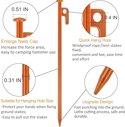 8 Pack Tent Stakes Heavy Duty 12 inch Steel Tent Pegs for Camping Unbreakable and Inflexible