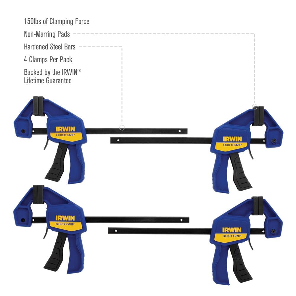 IRWIN Quick-Grip 1964758 One-Handed Mini Bar Clamp 4 Pack, 6", Blue