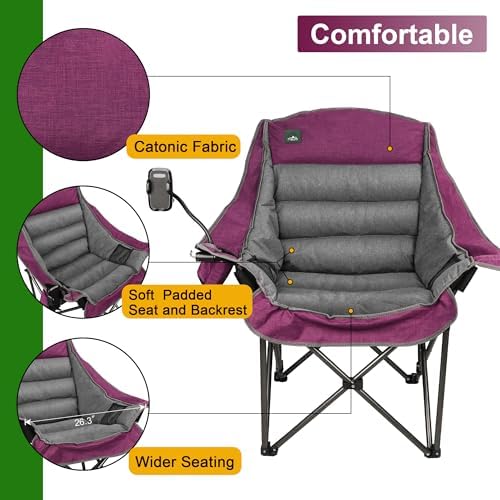Oversized XL Padded Camping Chair w/Cell Phone Holder, Large Camp Lounge Chair, Foldable Lawn Chair w/Cup Holder,Carry Bag for Outdoor Hiking, Beach, Picnics, Heavy-Duty 400-lbs Capacity
