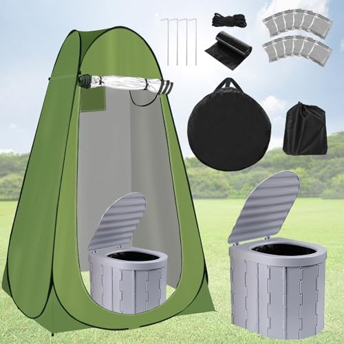 Privacy Tent & Portable Toilet for Adults Camping, 190T Oxford Cloth Outdoor Shower Tent Porta Potty Kit for Camp Travel Car Trips Toilet Bathroom Changing Room Ice Fishing Shelter and Gifts