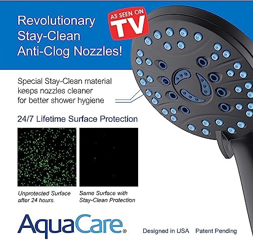 AquaCare High Pressure 8-mode Handheld Shower Head - Anti-clog Nozzles, Built-in Power Wash to Clean Tub, Tile & Pets, Extra Long 6 ft. Stainless Steel Hose, Wall & Overhead Brackets