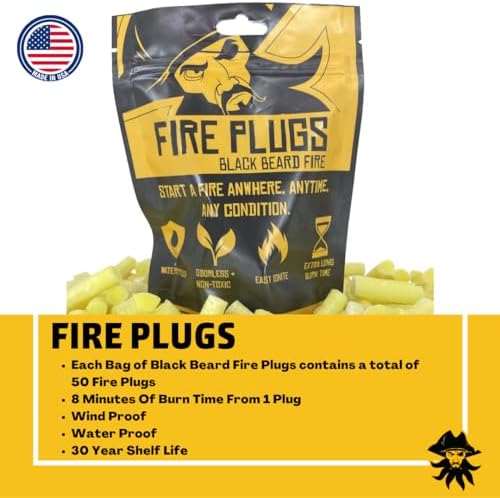 Black Beard Fire Plugs (50 Plugs) | 100% Weatherproof Fire Starter for Campfires | Can Light 50+ Fires | Extra Long Burn Time | 30 Yr Shelf Life for Emergency Survival Kits | Made in USA, Yellow