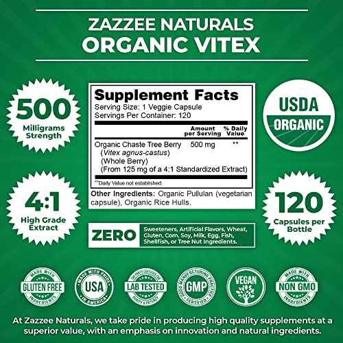 Zazzee USDA Organic Vitex, 500 mg Strength, 120 Vegan Capsules, 4 Month Supply, Standardized and Concentrated 4X Extract, Whole USDA Certified Organic Chaste Berry, All-Natural and Non-GMO