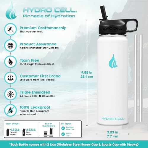 HYDRO CELL Stainless Steel Insulated Water Bottle with Straw - For Cold & Hot Drinks - Metal Vacuum Flask with Screw Cap and Modern Leakproof Sport Thermos for Adults (White 24oz)