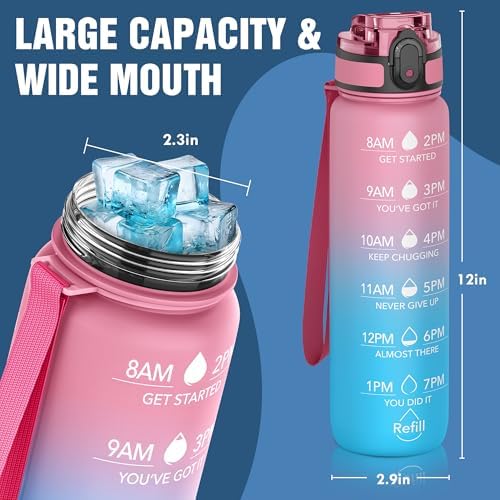 OLDLEY Water Bottle, 32oz Motivational Sports Water Bottle with Time Marker - Times to Drink - Tritan, BPA Free, Wide Mouth Leakproof, Balloon (1 Bottle)
