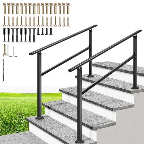 VIVOHOME 2-Pack 4 Step Hand Rails for Outdoor Steps, Wrought Iron Railing, Black Oval Exterior Hand Railing for Porch, Deck, or Indoor Stairs, Railing Kit
