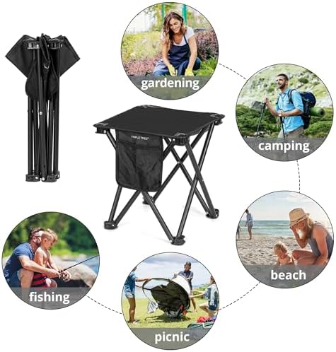 Triple Tree 2 Pack Folding Camping Stool, 13.8 Inch Small Portable Lightweight Stool Seat with Side Pocket and Carry Bag for Travel, Hiking, BBQ, Fishing and Beach, Load Capacity to 400lbs