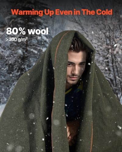 VEVOR Wool Camping Blanket, Large Warm Stadium Blanket, Flame Retardant, Great for Outdoors, Picnics, Hiking, Sports Events, Travel, Car & Bushcraft Survival Kits, 64" x 88", Army Green Wool Blankets