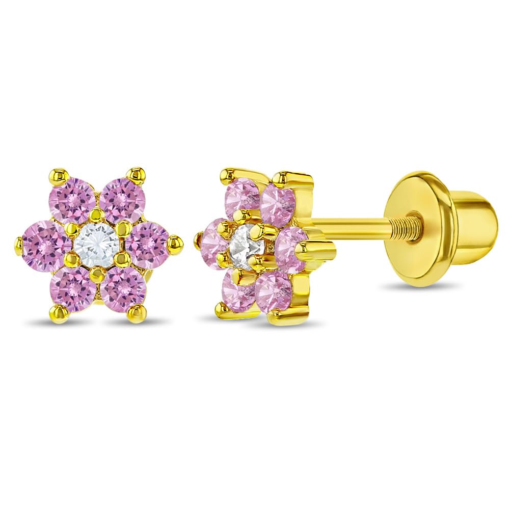 Gold Plated Pink and Clear Cubic Zirconia Flower Safety Screw Back Earrings for Babies and Toddlers 5mm - Delicate and Sparkling Pink Flower Earrings for Little Girls - Lovely Floral Studs