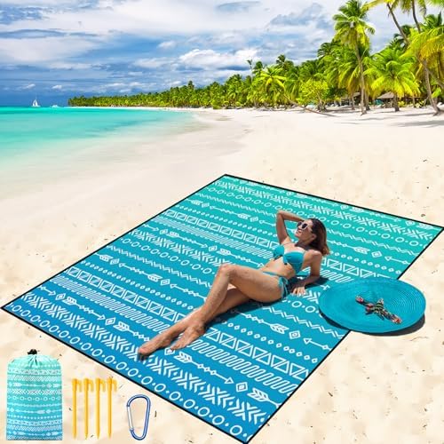 Beach Blanket Waterproof Sandproof Beach Mat 79" X 83" /10'x9'for 2-8 Adults Quick Drying Outdoor Picnic Mat Beach Accessories for Travel, Camping, Hiking