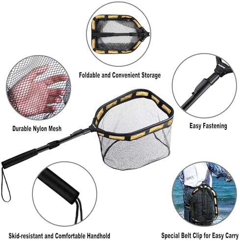 PLUSINNO Floating Fishing Net for Steelhead, Salmon, Fly, Kayak, Catfish, Bass, Trout Fishing, Rubber Coated Landing Net for Easy Catch & Release, Compact & Foldable for Easy Transportation & Storage