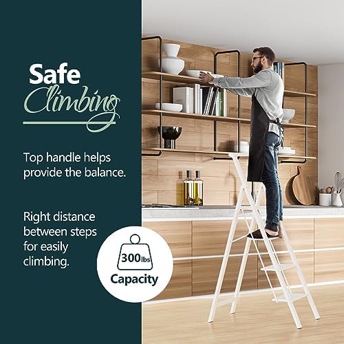 WOA WOA 4 Step Ladder, Ladders for Home, Anti-Slip Pedals, Aluminum Step Stool Foldable, Lightweight to Move, Ease of Storage, Reach 9ft for Closet Kitchen Library, Hold 300lbs - White