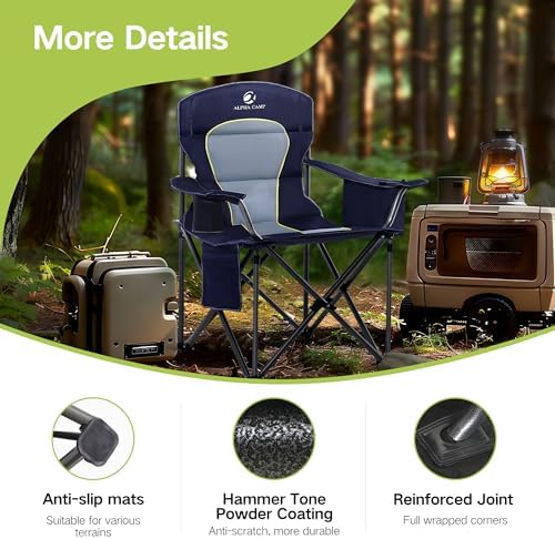 GREEN PARTY Folding Camping Chair Oversized Heavy Duty Lawn Chair with Cooler Bag, Cup Holder, Storage Pocket, Collapsible Padded Outdoor Arm Chair, Quad Lumbar