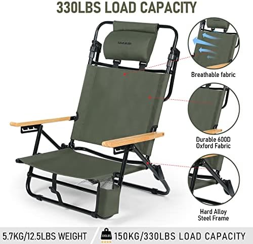 REALEAD Reclining Beach Chairs for Adults, Extendable High Back Beach Chair with Headrest and Cooler Pouch, 4-Position Lay Flat Folding Beach Chairs Heavy Duty Support 330LB