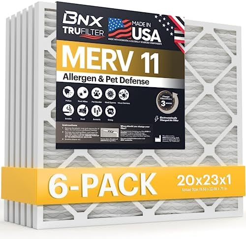 BNX TruFilter 20x23x1 Air Filter MERV 11 (6-Pack) - MADE IN USA - Allergen Defense Electrostatic Pleated Air Conditioner HVAC AC Furnace Filters for Allergies, Dust, Pet, Smoke, Allergy MPR 1200 FPR 7