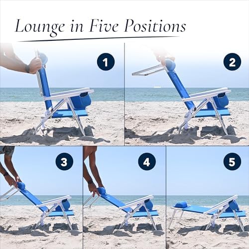 Caribbean Joe Folding Beach Chair, 5 Position Lightweight, Portable Reclining Outdoor Camping Chair with Headrest, Shoulder Strap, and Cup Holder, Horizon Stripe
