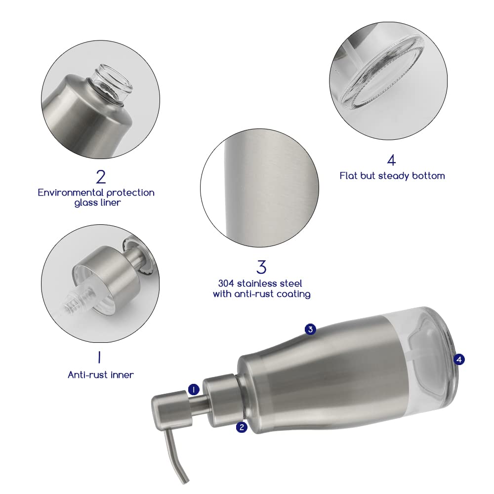 Gaussra Kitchen Soap Dispenser Set with Silicone Tray and Stickers - Brushed Nickel, Stainless Steel Glass Soap Dispenser Bathroom, Refillable Hand Dish Dispenser for Kitchen Sink