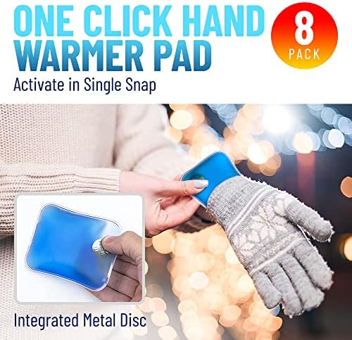 Reusable Heat Packs, Set of 8 - Gel Hand Warmer with Snap to Heat Metal Disc Technology for One Click Heating - Instant to Go Pocket Hand Warmer with Gift Packaging.