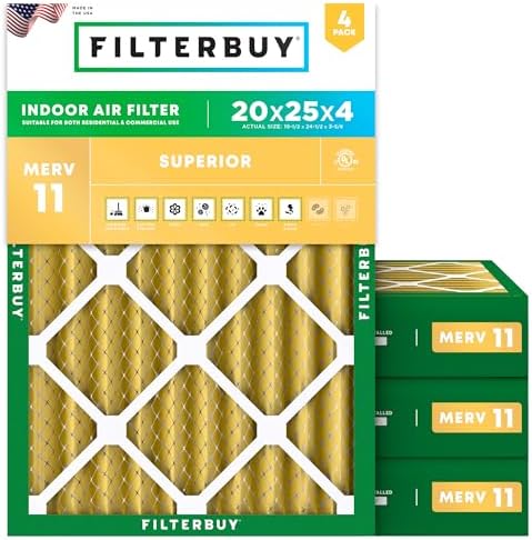 Filterbuy 20x25x4 Air Filter MERV 11 Allergen Defense (4-Pack), Pleated HVAC AC Furnace Air Filters Replacement (Actual Size: 19.50 x 24.50 x 3.63 Inches)