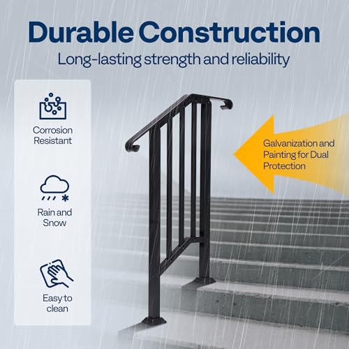 VIVOHOME 2-Pack Wrought Iron Hand Rails for Outdoor Steps β 13.5" Curved Ends and Safety Balusters Exterior Railing Kit for Porch, Deck, or Indoor Stairs (2-Step, Black)