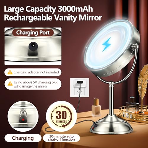 20x Large Lighted Makeup Mirror, Rechargeable 8.6" Magnifying Makeup Mirror, 30-Minute Timer,3 Color Modes, Adjustable Brightness, No Assembly Required, 360° Rotation Cosmetic Mirror, Pearl Nickel