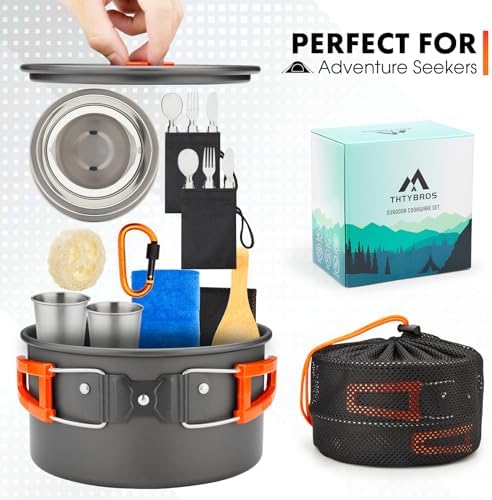 17pcs Camping Cookware Kit, 0.45Gal Pot, 7inches Pan,0.30Gal Kettle Set with 2 Set Stainless Steel Cups Plates Forks Knives Spoons for Hiking,Camping,Backpacking,Outdoor Cooking and Picnic
