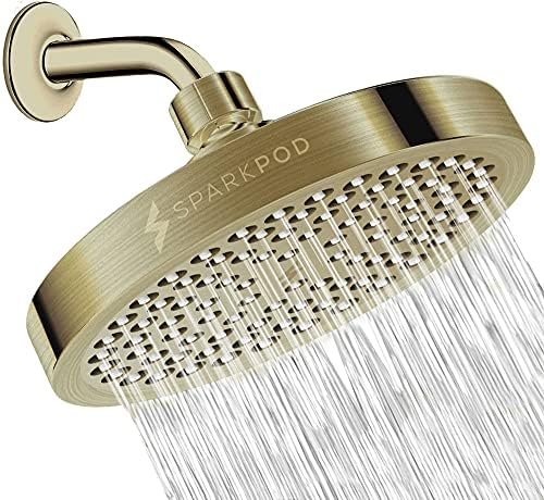 SparkPod Shower Head - High Pressure Rain - Premium Quality Luxury Design - 1-Min Install - Easy Clean Adjustable Replacement for Your Bathroom Shower Heads (Polished Antique Brass, 6 Inch Round)
