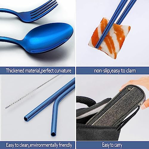 Portable Reusable Travel Utensils Silverware With Case, Camping Cutlery Set, Chopsticks and Straw, Flatware With Case, Stainless Steel Top (Blue)