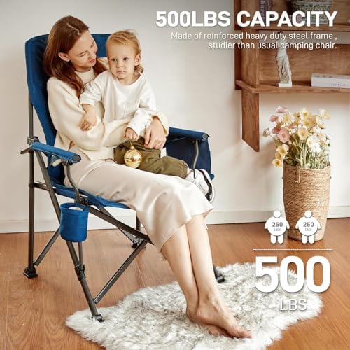 EVER ADVANCED Oversized Folding Camping Chair for Adults with Adjustable Lumbar Support, Heavy Duty Chair with Side Pockets, Portable Collapsible Quad Chair for Outside