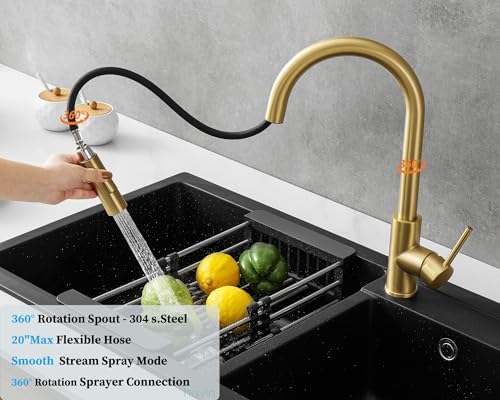 Havin Gold Kitchen Faucet with Pull Down Sprayer, High Arc Stainless Steel Material, with cUPC Ceramic Cartridge,Without Deck Plate,Fit for 1 Hole Kitchen Sink or Laundry Sink,Brushed Gold,HV501G