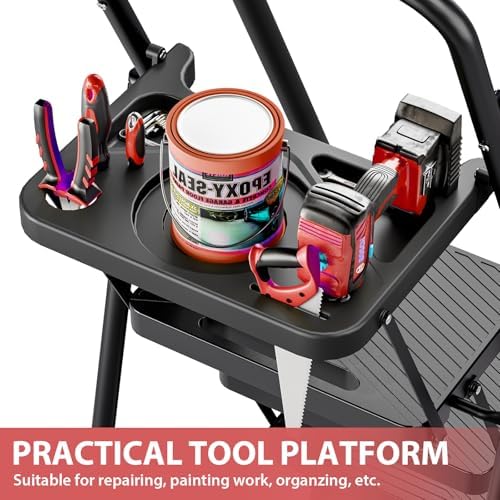 KINGRACK Folding 5 Step Ladder, Portable Ladder for Multi-Purpose, Home, Kitchen, Heavy Sturdy Steel Step Stool with Anti-Slip Wide Pedals, Handrail, Safe-Lock Design, Pass 500lbs Load Testing, Black