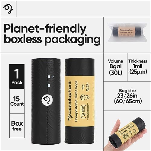 Green Elephant Portable Camping Toilet Bags – Compostable Potty Bags for Portable Toilet, Wag Bag Human Waste Kit, Fits 5-Gallon Buckets, Biodegradable Outdoor Waste Solution, 15 Count, 8 Gal