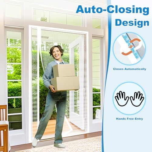 Side Opening Magnetic Screen Door, Fit Door Size 32 x 80 Inch, Reversible Left and Right Removable Screen Door Mesh with Strong Magnet, Actual Mesh Size 34" x 81", White