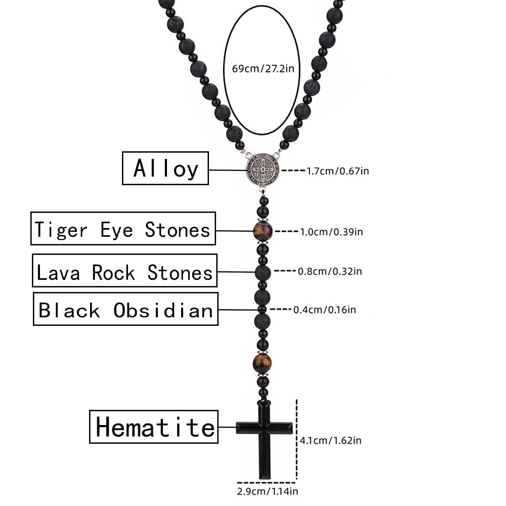 Rosary Necklace for Men, Black Catholic Rosary, Lava Rock Tiger Eye Beads Cross Necklace, Rosarios Catolicos Para Hombre (B)
