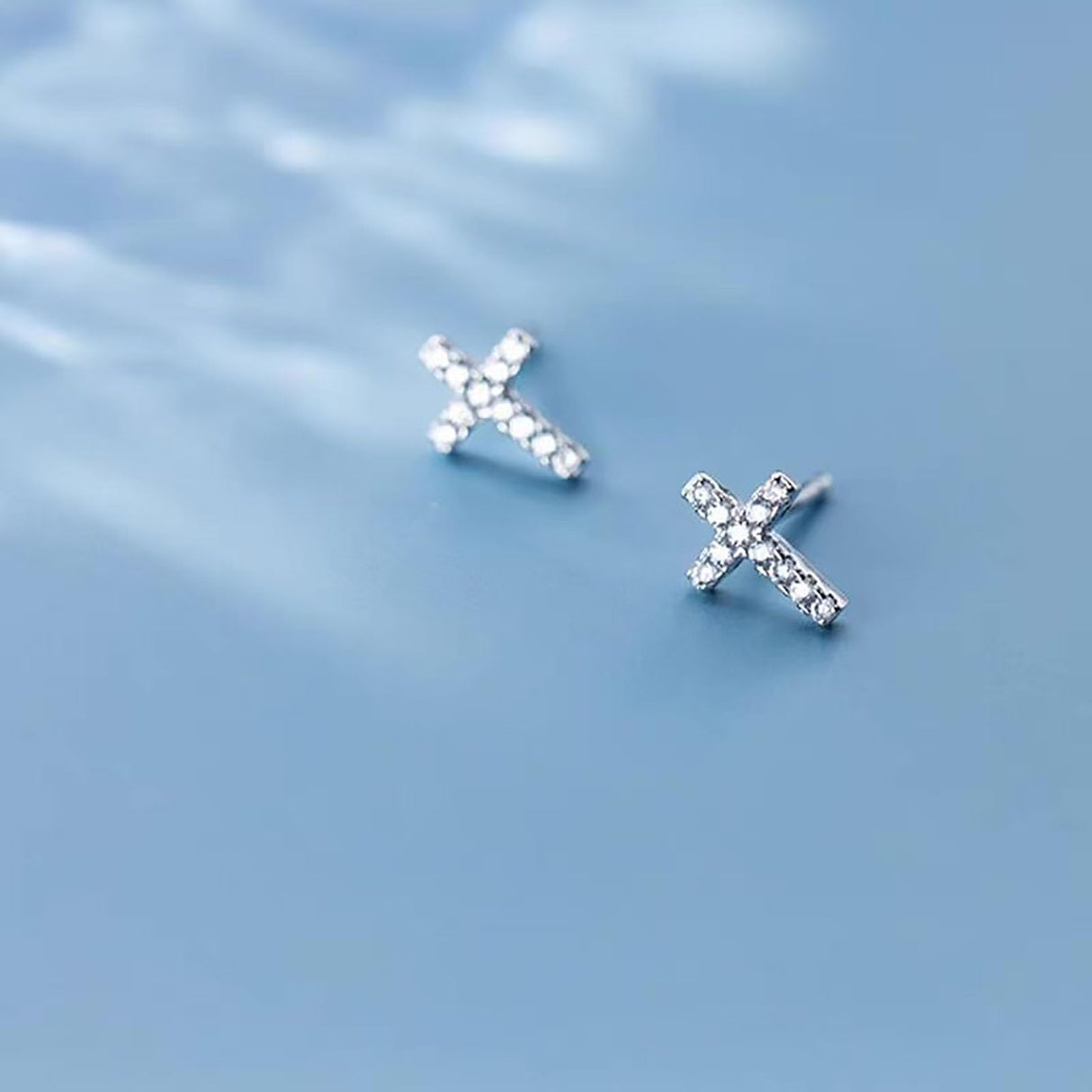 14K Hypoallergenic White Gold Plated Small Cross Silver Stud Earrings