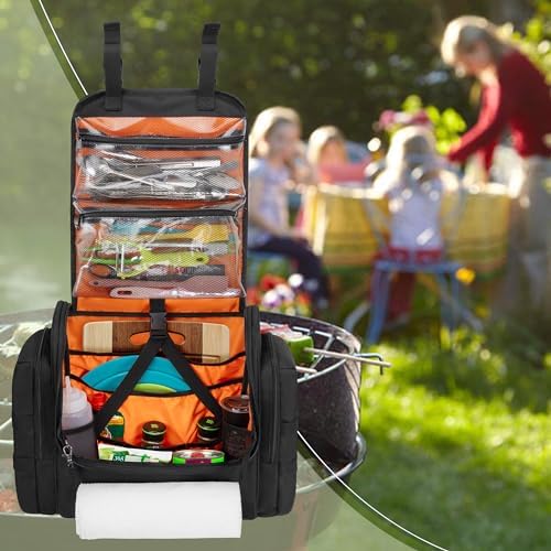 Large Tactical Camping Kitchen Organizer, Hanging Cookware Storage Bag with Paper Towel Holder & Multi Pockets, Portable Camp Utensil Organizer for BBQ Cooking Essentials, Black, Bag Only