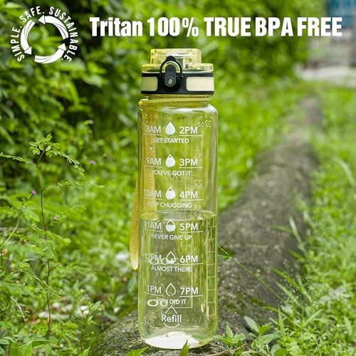 OLDLEY Water Bottle, 32oz Motivational Sports Water Bottle with Time Marker - Times to Drink - Tritan, BPA Free, Wide Mouth Leakproof, Clear Star (1 Bottle)