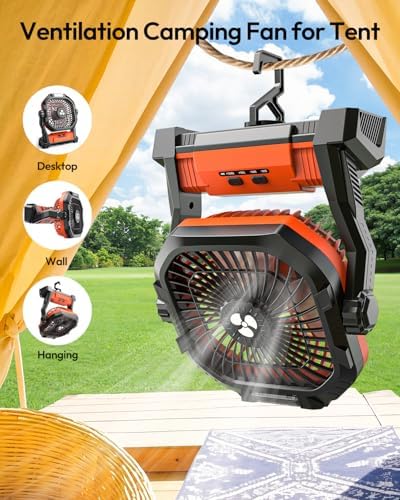 Camping Fan 27000mAh with LED Lantern - Cordless Portable Fan 8 inch USB C Battery Operated Rechargeable Powered Ventilador with Hanging Hook - 250° Rotating 4 Speed Personal Fans for Travel Camping