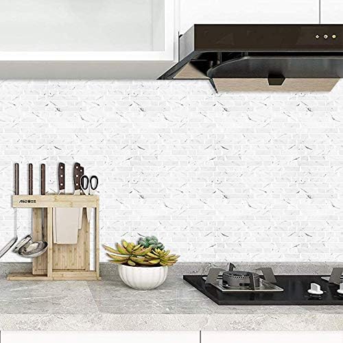 STICKGOO 10-Sheet White Marble Look Peel & Stick Backsplash, 12”X12” Stick on Wall Tiles for Kitchen Backspalsh (Thicker Design)