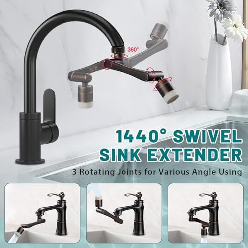 CECEFIN 1440° Rotating-Faucet-Extender Sink Aerator - 1080°+360° Large-Angle Splash Tap Extension with 2 Water Outlet, Swivel Multifunctional Robotic Arm for Kitchen/Bathroom, Oil Rubbed Bronze