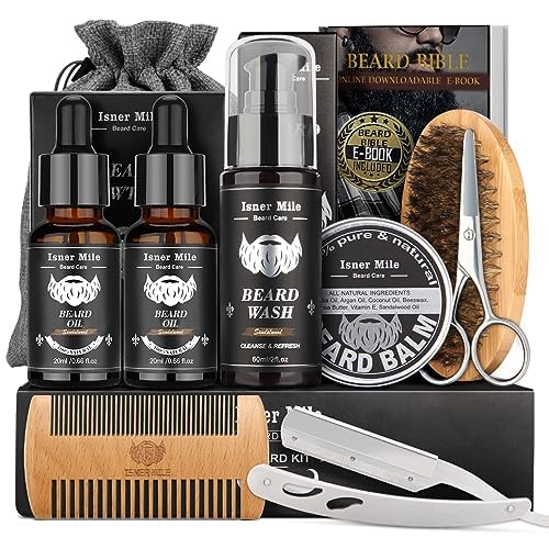 Isner Mile Beard Grooming Kit for Men: Trimming Sets with Beard Wash/Shampoo - Oil - Balm - Brush - Comb - Scissors & Storage Bag, Valentines Birthday Fathers Gifts for Dad Men Husband Boyfriend