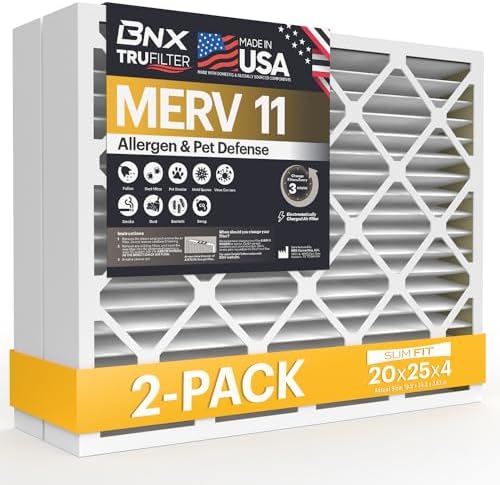 BNX TruFilter 20x25x4 (19.5’’ x 24.5’’ x 3.63‘’ Slim Fit) MERV 11 Air Filter 2-Pack - MADE IN USA - Air Conditioner Furnace Filters HVAC AC Furnace Filters for Allergy Dust, Pet, Mold, MPR 1200 FPR 7