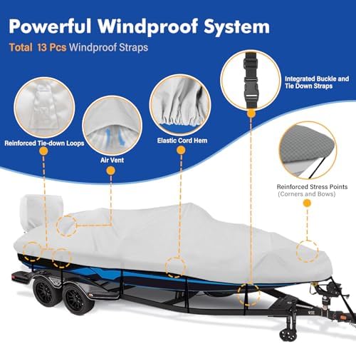 1200D Waterproof Boat Cover - Fits 20' to 22' ft Bass, V-Hull, Tri-Hull, Fish & Ski, Runabout Bowrider Boats - Heavy Duty Canvas Gray