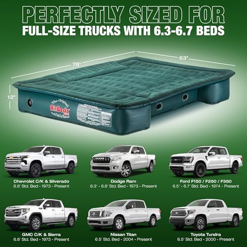 AirBedz by Pittman Outdoors - Lite Full Size Short Truck Bed Air Mattress, Green - 6-6.5' Long, with Portable DC Air Pump